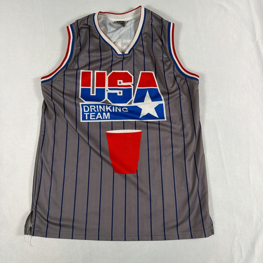 USA Drinking Team Jersey Pinstripe Novelty Party Sleeveless Shirt Mens XL